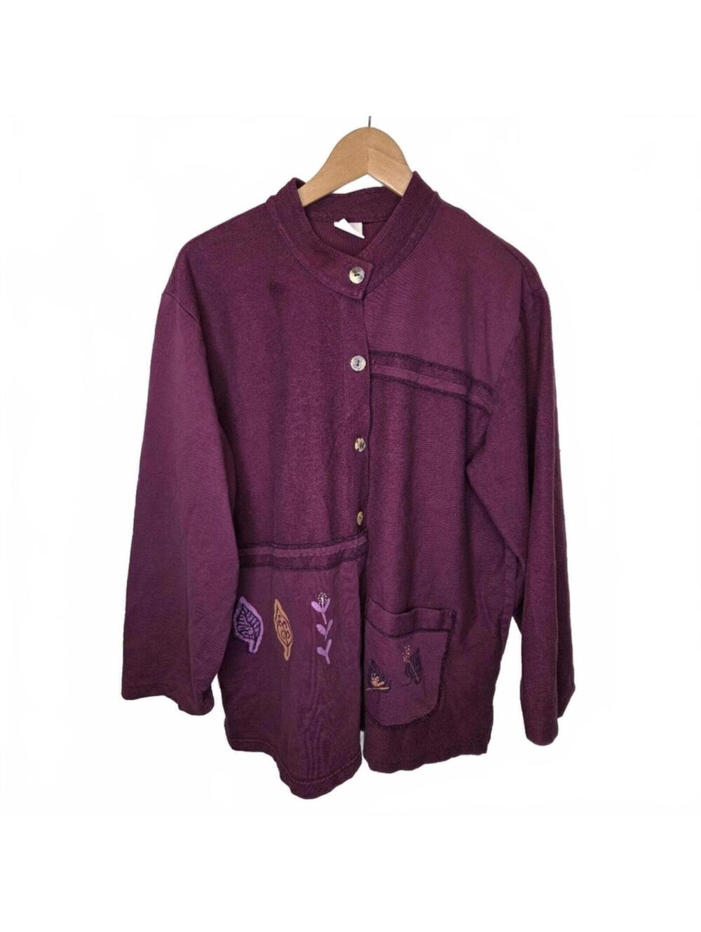Focus Plum Cotton Hand Painted Boxy Art Jacket Mandarin Collar Lg